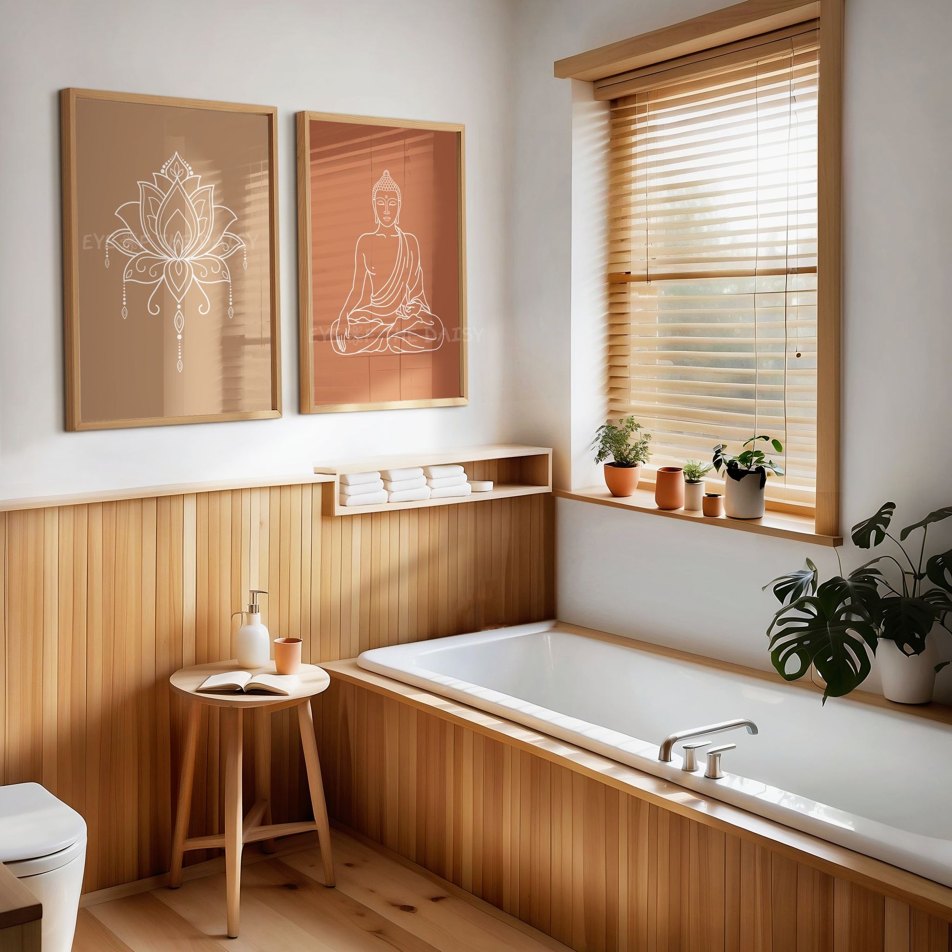 Neutral Zen meditation art prints, downloadable artwork set for earthy boho bathroom decor, print at home calming poster download