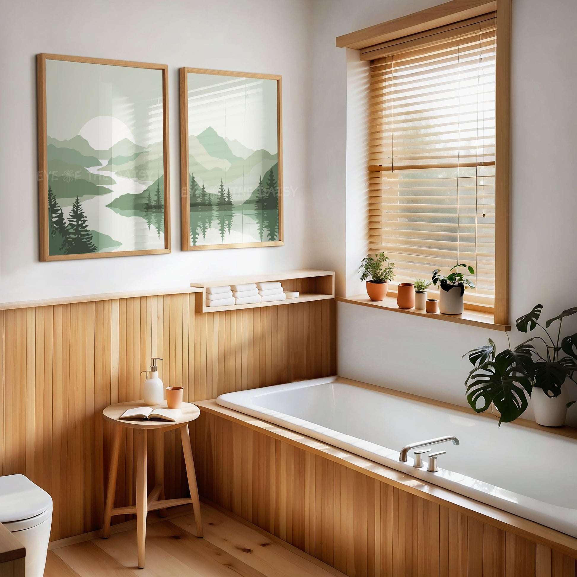 Minimal boho mountain wall print set in sage tones – abstract nature printable art, instant download for modern bathroom gallery wall