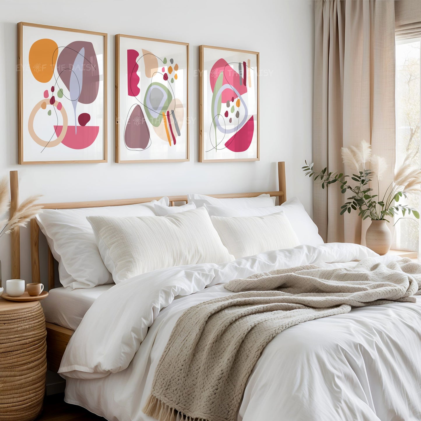 Maroon & hot pink modern abstract art print trio, downloadable wall décor for boho bedroom or printable poster set