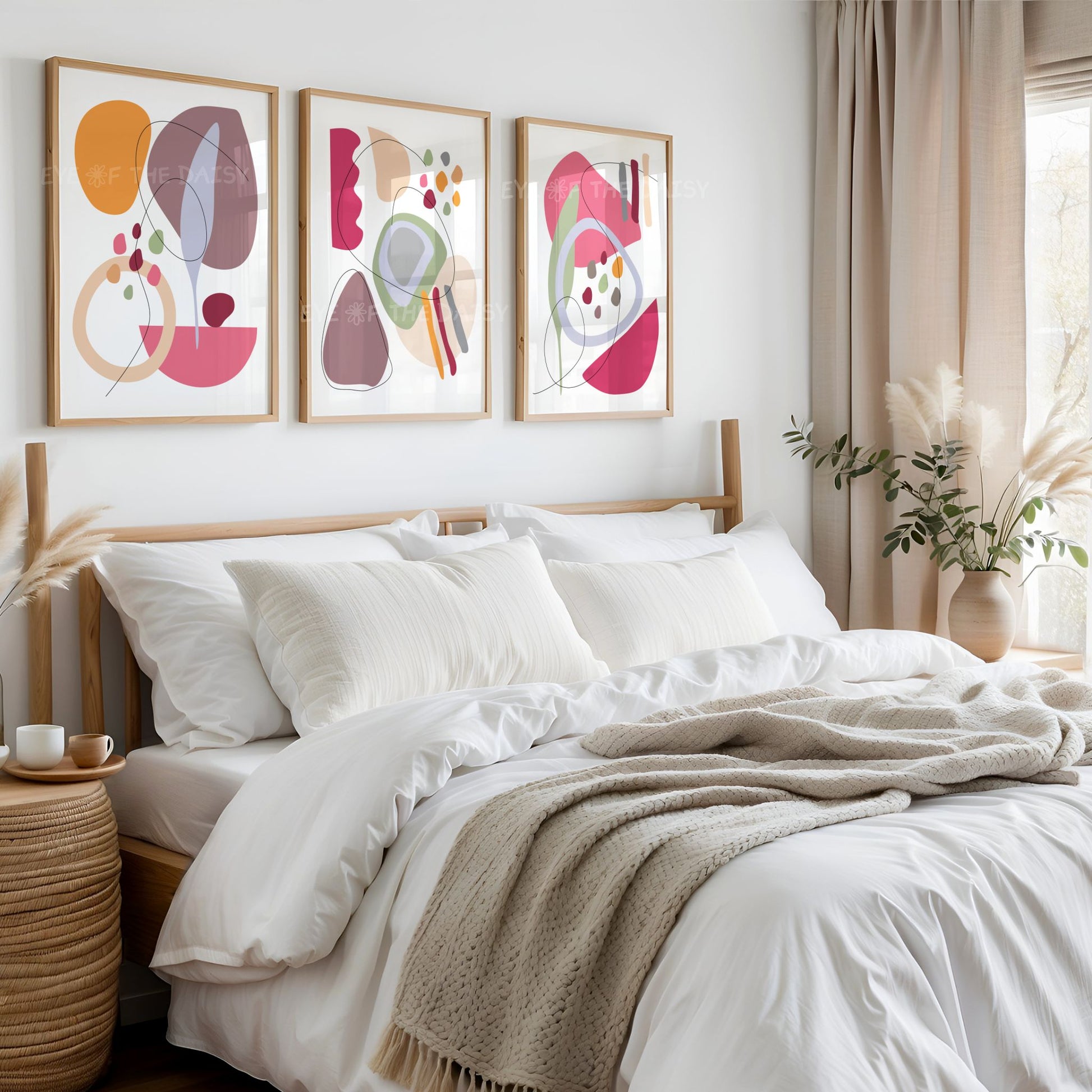 Maroon & hot pink modern abstract art print trio, downloadable wall décor for boho bedroom or printable poster set