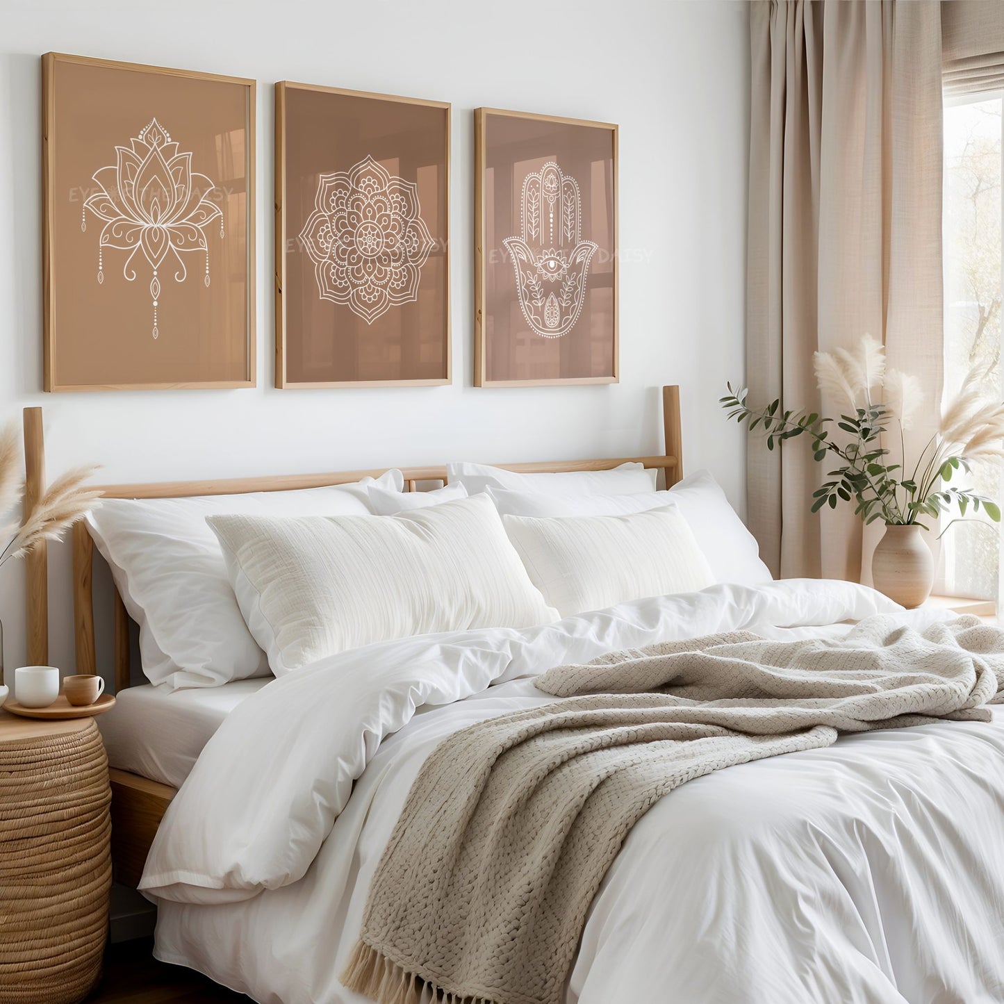 Zen yoga line art print set of 4 in warm tones, digital download artwork perfect for boho bedroom wall decor or a gallery wall set