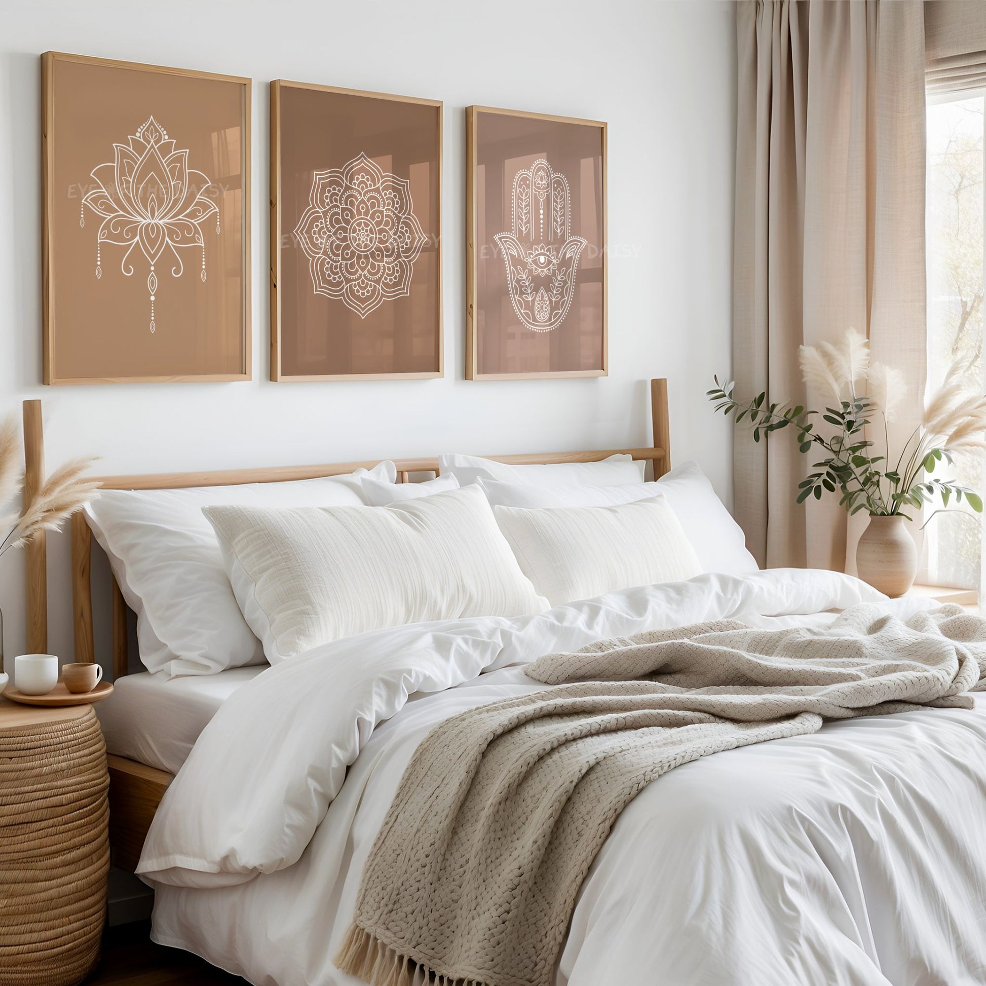 Zen yoga line art print set of 4 in warm tones, digital download artwork perfect for boho bedroom wall decor or a gallery wall set