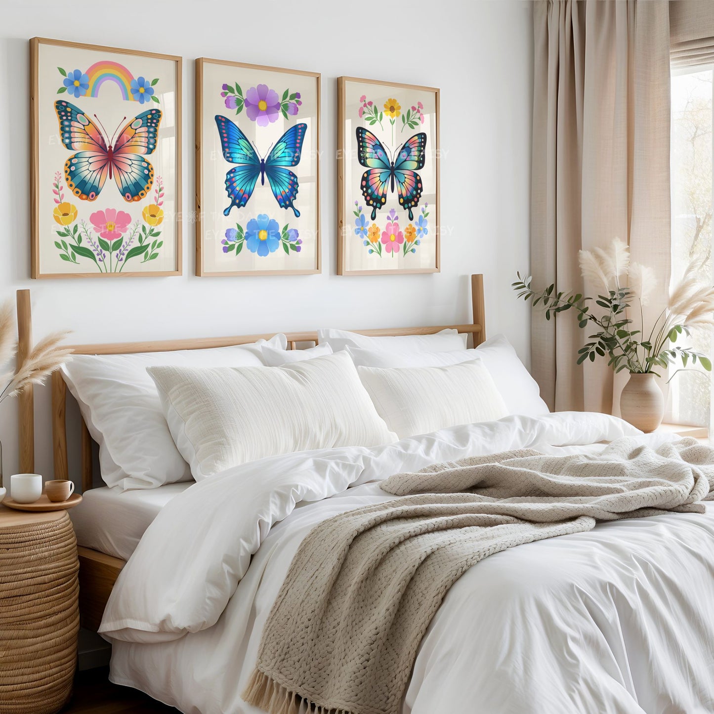 Set of three boho whimsical wall art prints of flowers and butterflies that are very colourful, great for a boho bedroom
