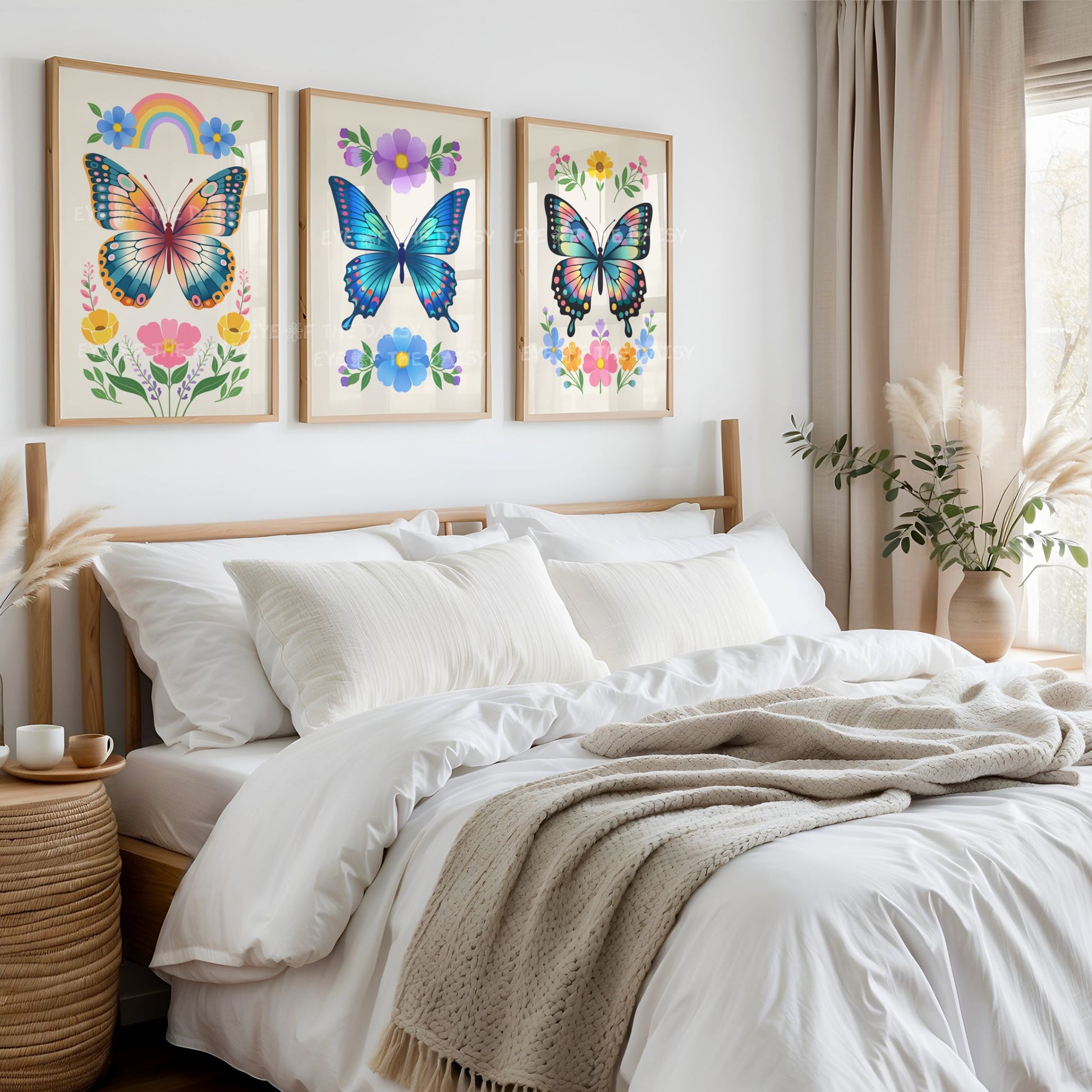 Set of three boho whimsical wall art prints of flowers and butterflies that are very colourful, great for a boho bedroom