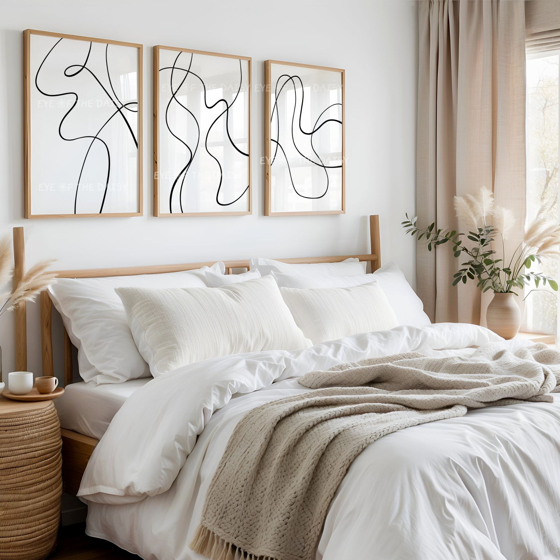 Set of 3 abstract line art posters in black & white, simple minimal printable wall art download for boho bedroom decor