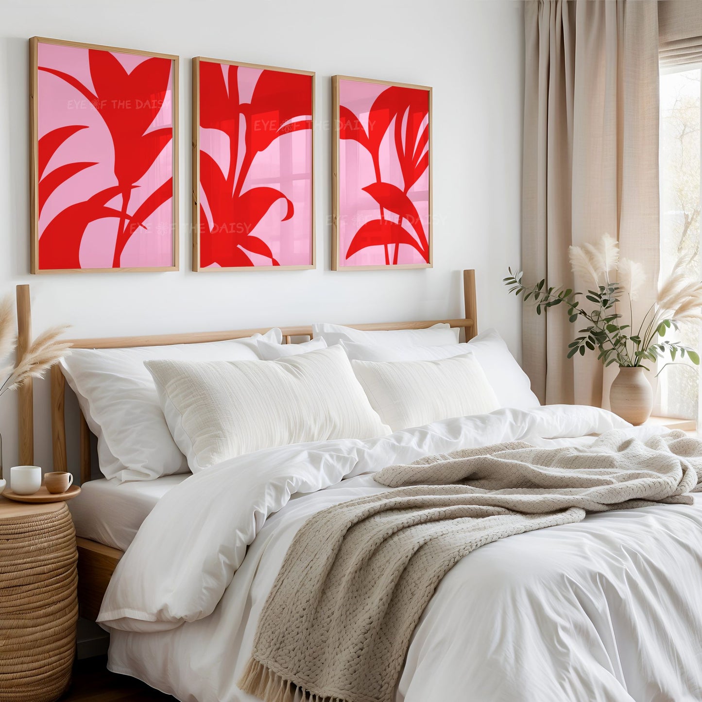 Pink and red abstract botanical printable gallery wall art set of 3 — great boho chic bedroom DIY wall decor and print at home poster