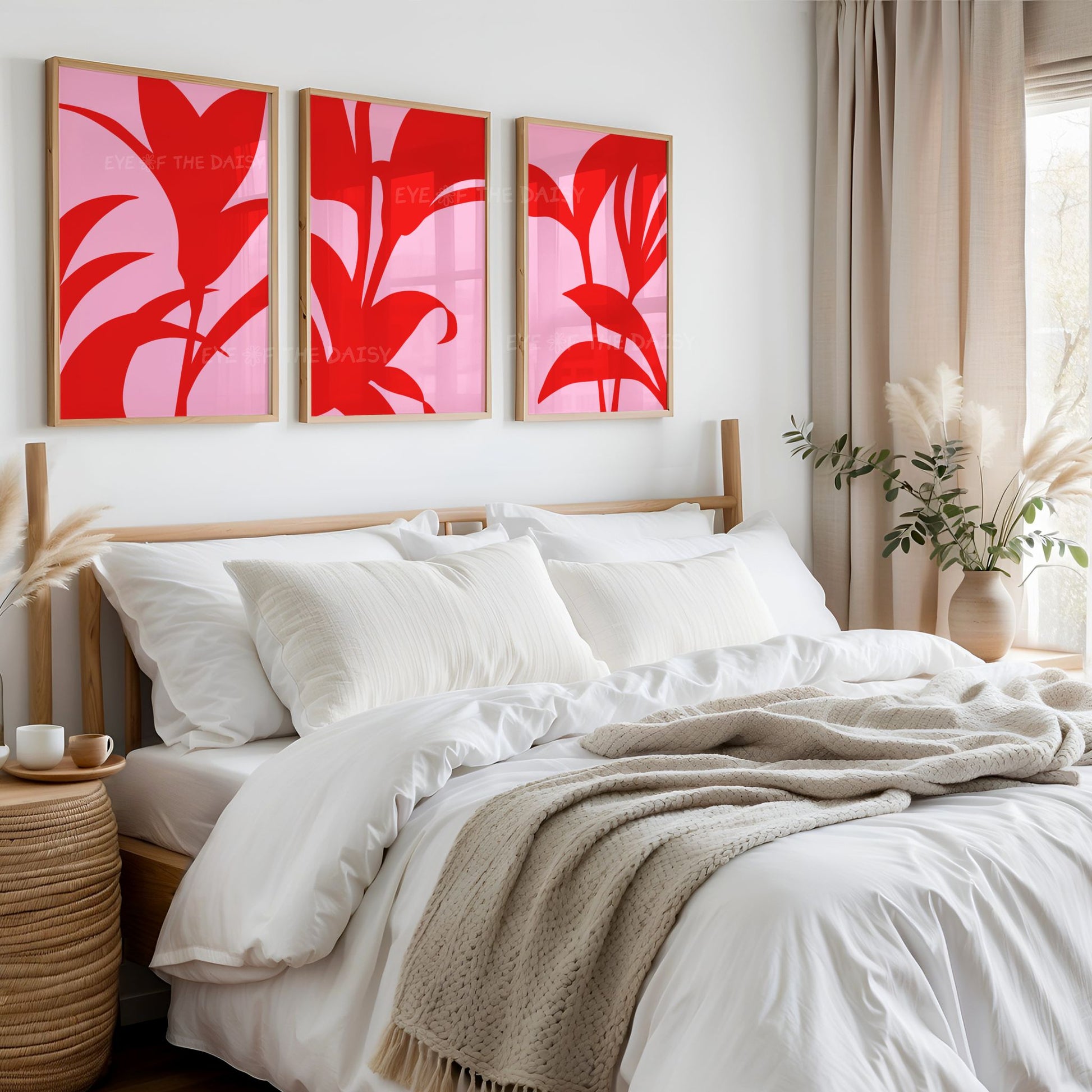 Pink and red abstract botanical printable gallery wall art set of 3 — great boho chic bedroom DIY wall decor and print at home poster