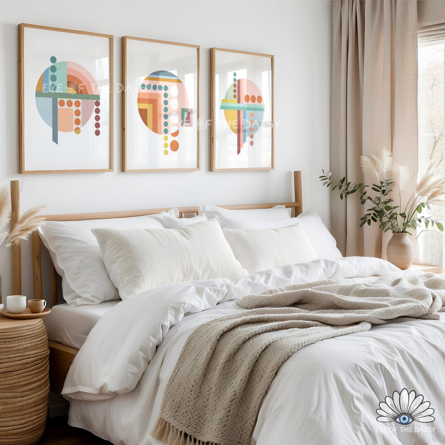 Warm colour geometric above bed decor, modern Bauhaus print set of 3 in mustard terracotta salmon pink and teal