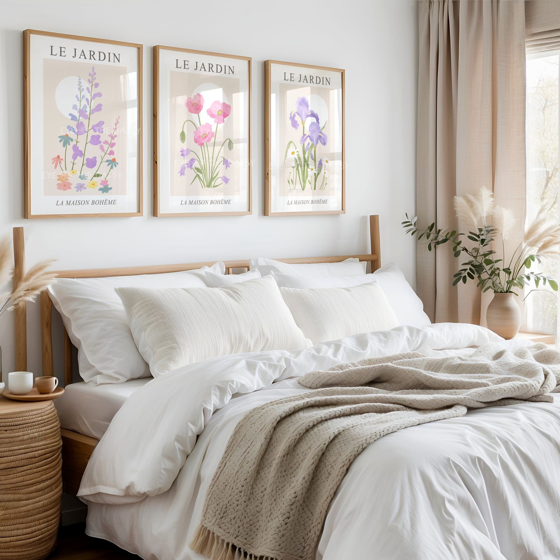 Le Jardin botanical wall art – pastel floral triptych in pink, lilac, and beige, printable French vintage decor for a refined bedroom