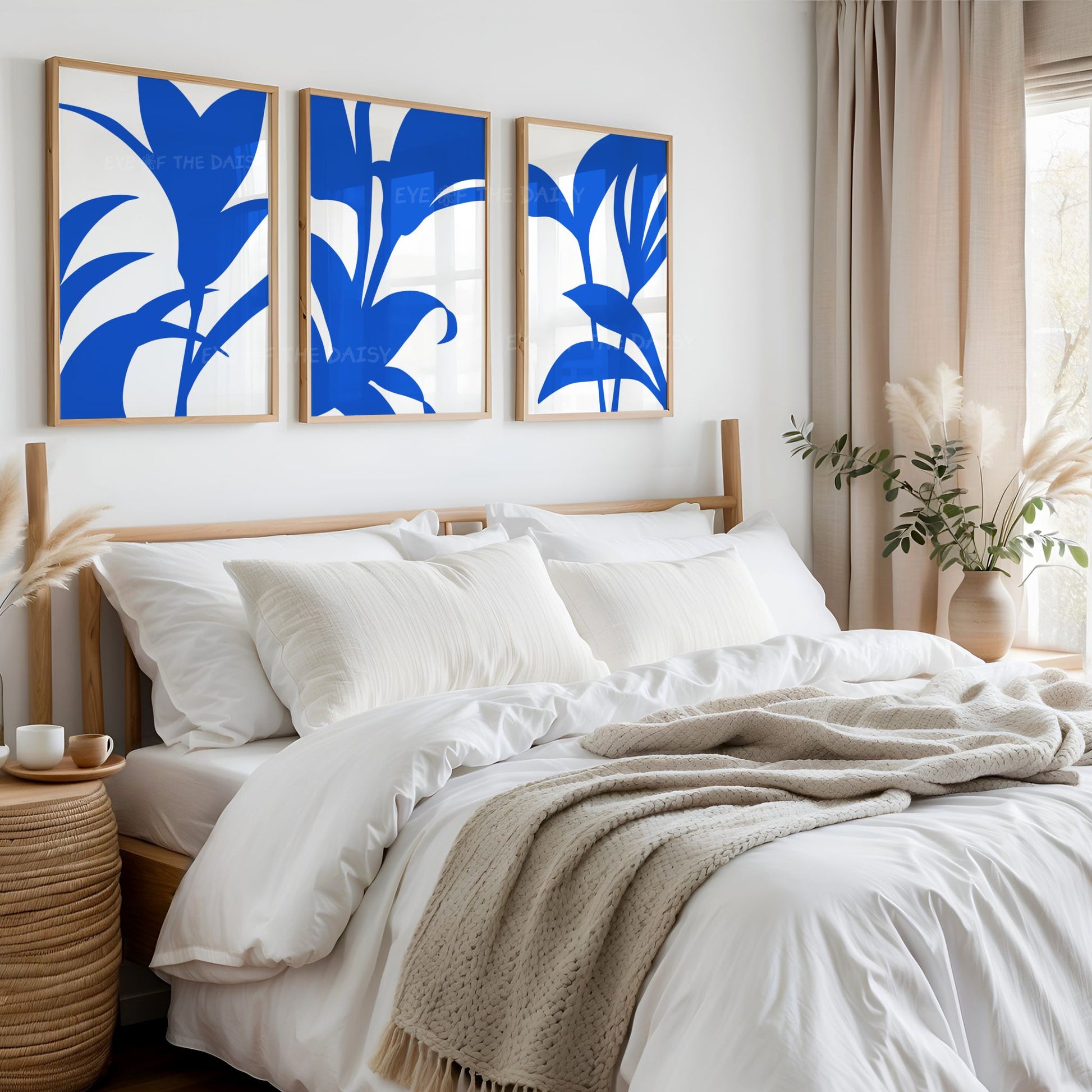 Modern royal blue botanical three piece wall art set, digital wall art download for minimal bedroom, printable gallery wall set