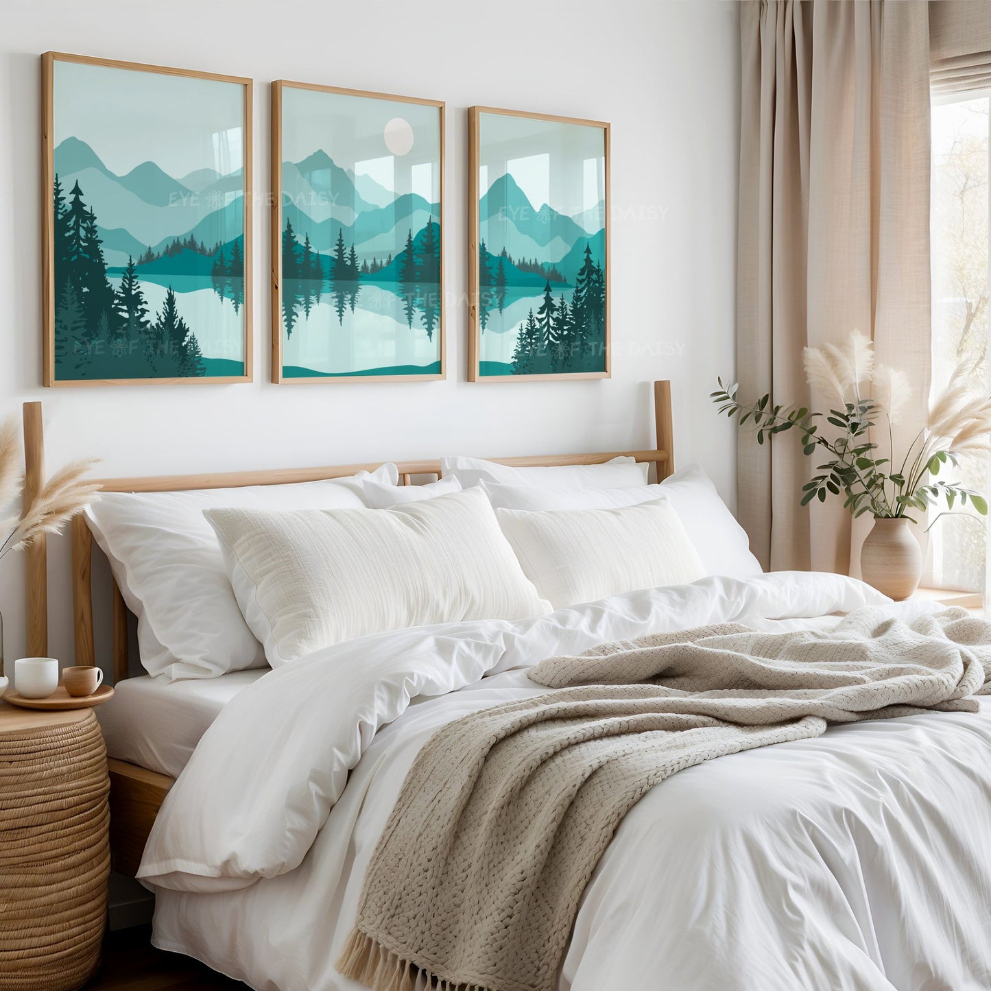 Three piece printable wall art set of turquoise teal abstract mountain landscape scenery in a continuous style, with lake trees, above a bed