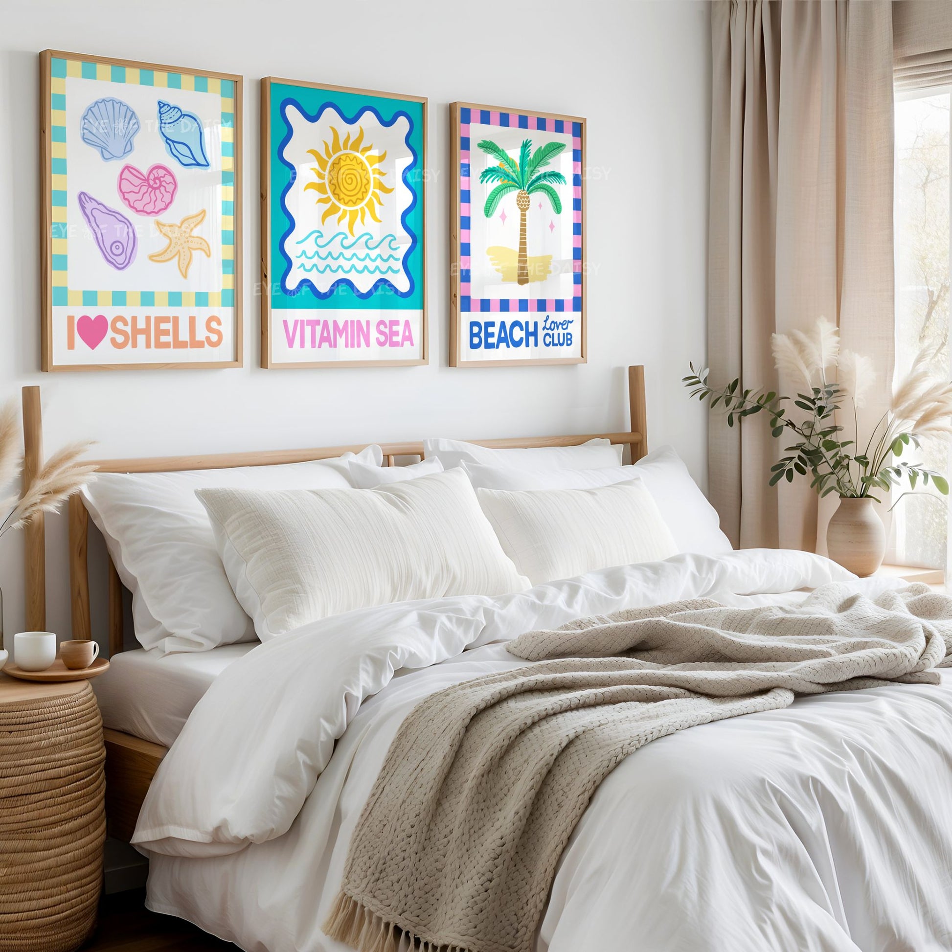 Boho bedroom beach print set of 3 – vibrant coastal printable wall art, digital download perfect for boho above bed decor