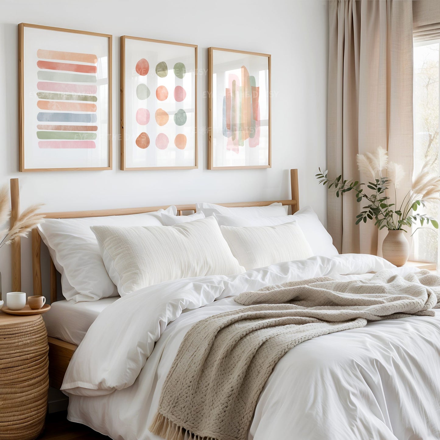 Neutral abstract wall art set — 3 printable watercolor posters with organic shapes, perfect for a modern boho bedroom or Scandi-inspired decor