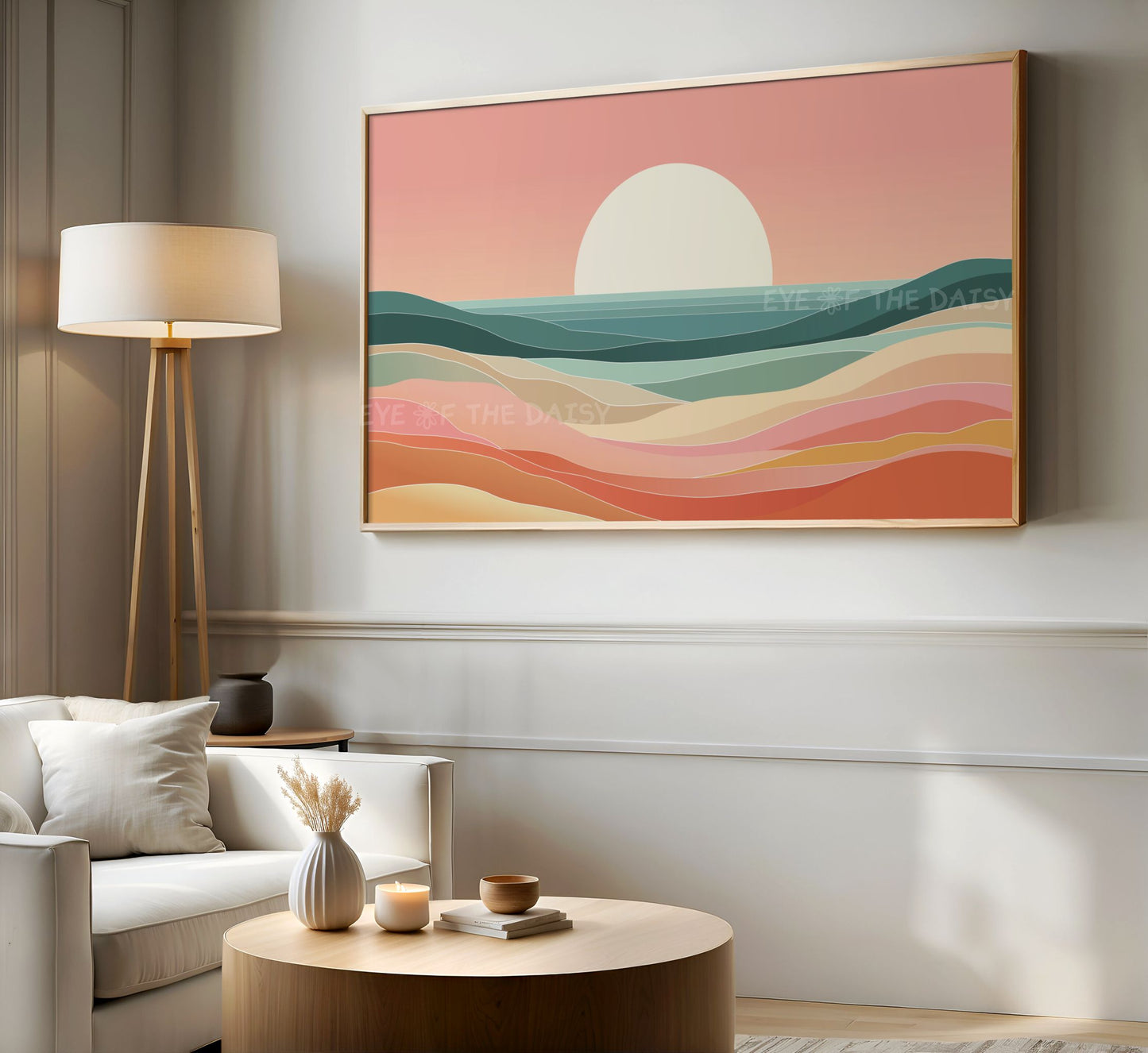 Pink Orange Teal Minimal Sea Sunset 4K TV Art | Mid Century Modern Coastal TV Art 4K