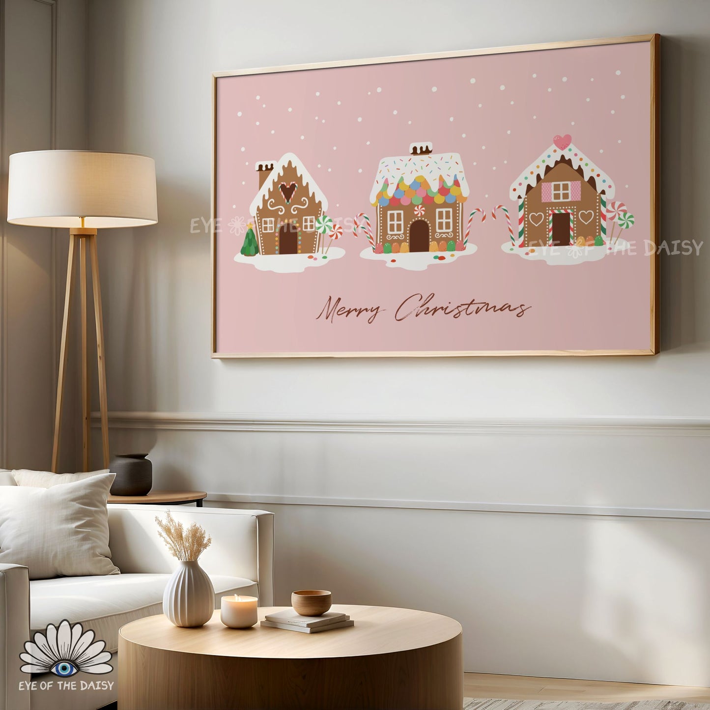 Pink Gingerbread House Print Digital Download | Cute Horizontal Christmas Printable Wall Art