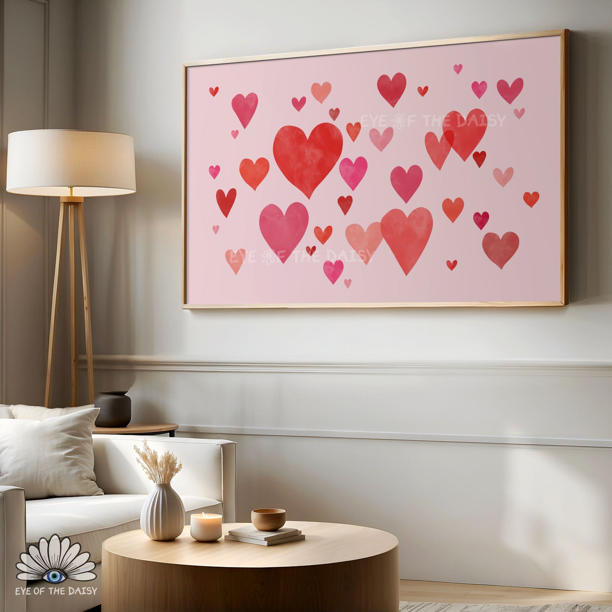 Valentine’s TV art digital download, red and pink watercolour hearts, modern romantic decor for 4K resolution TV screens