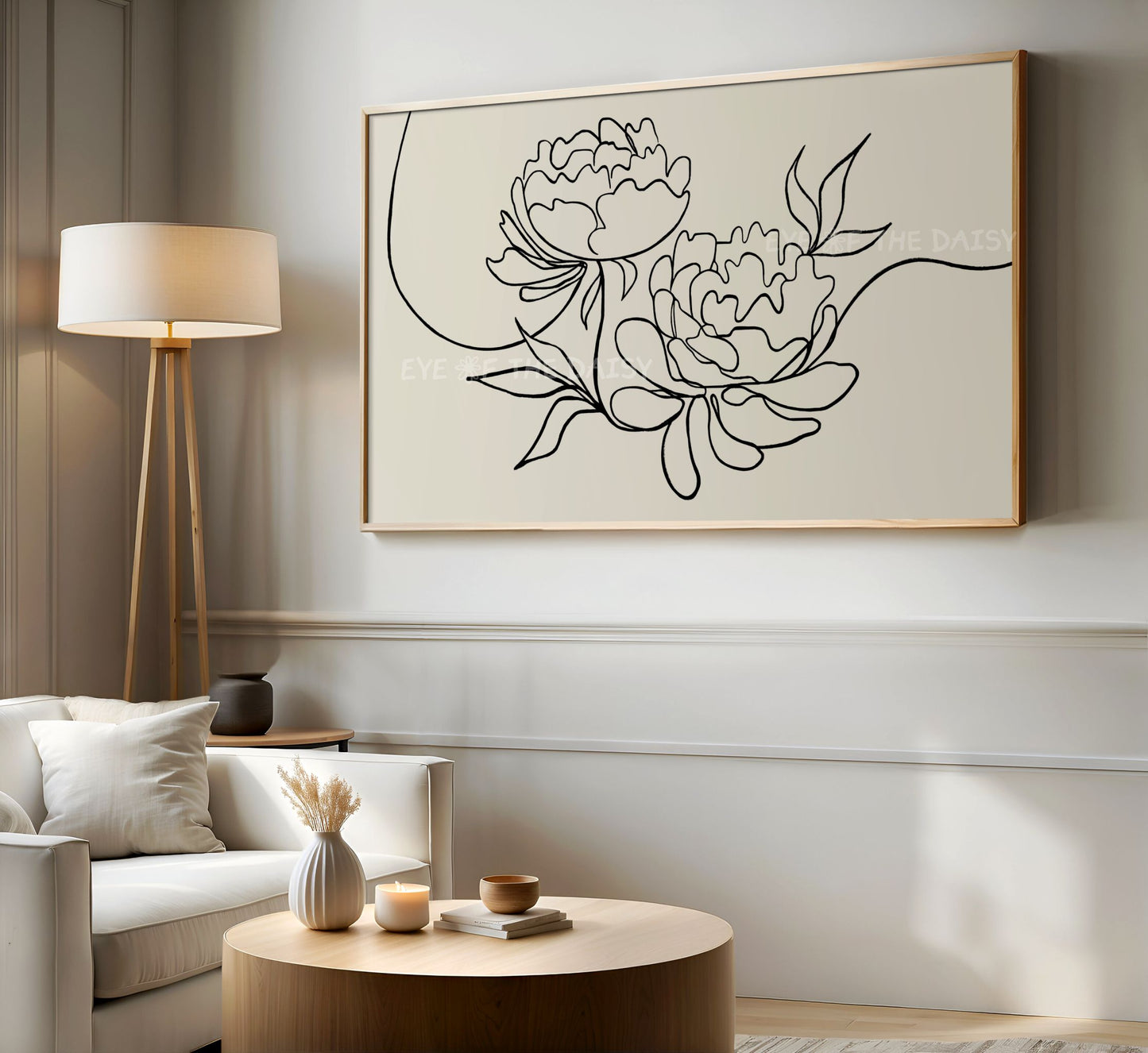 Black Beige Peony Line Drawing 4K TV Art | Minimal Botanical Sketch 4K TV Art