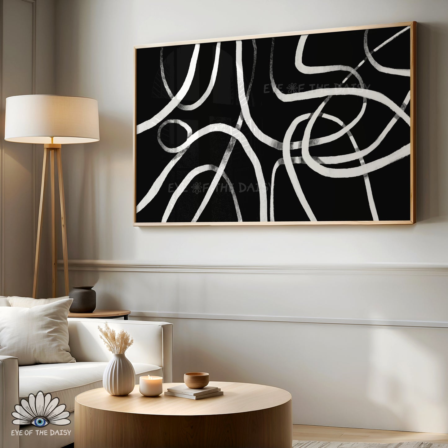 Maximalist black and white abstract 4K TV art, playful scribble line art for 4K TV screen for eclectic bedroom decor
