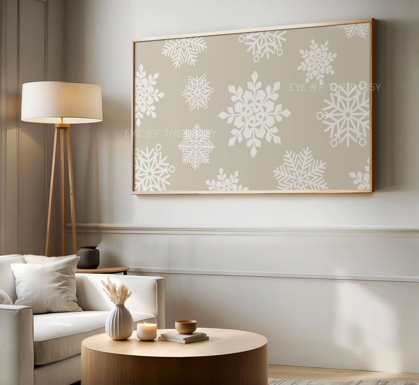 Beige White Neutral Christmas 4K TV Art | Minimal Holiday Snowflakes TV Artwork 4K