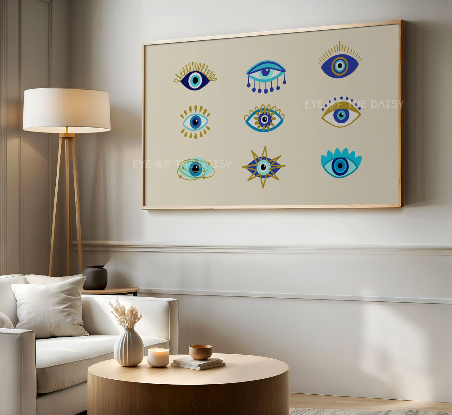 Blue Turquoise Gold Abstract Evil Eye 4K TV Art | Mediterranean Boho 4K TV Art