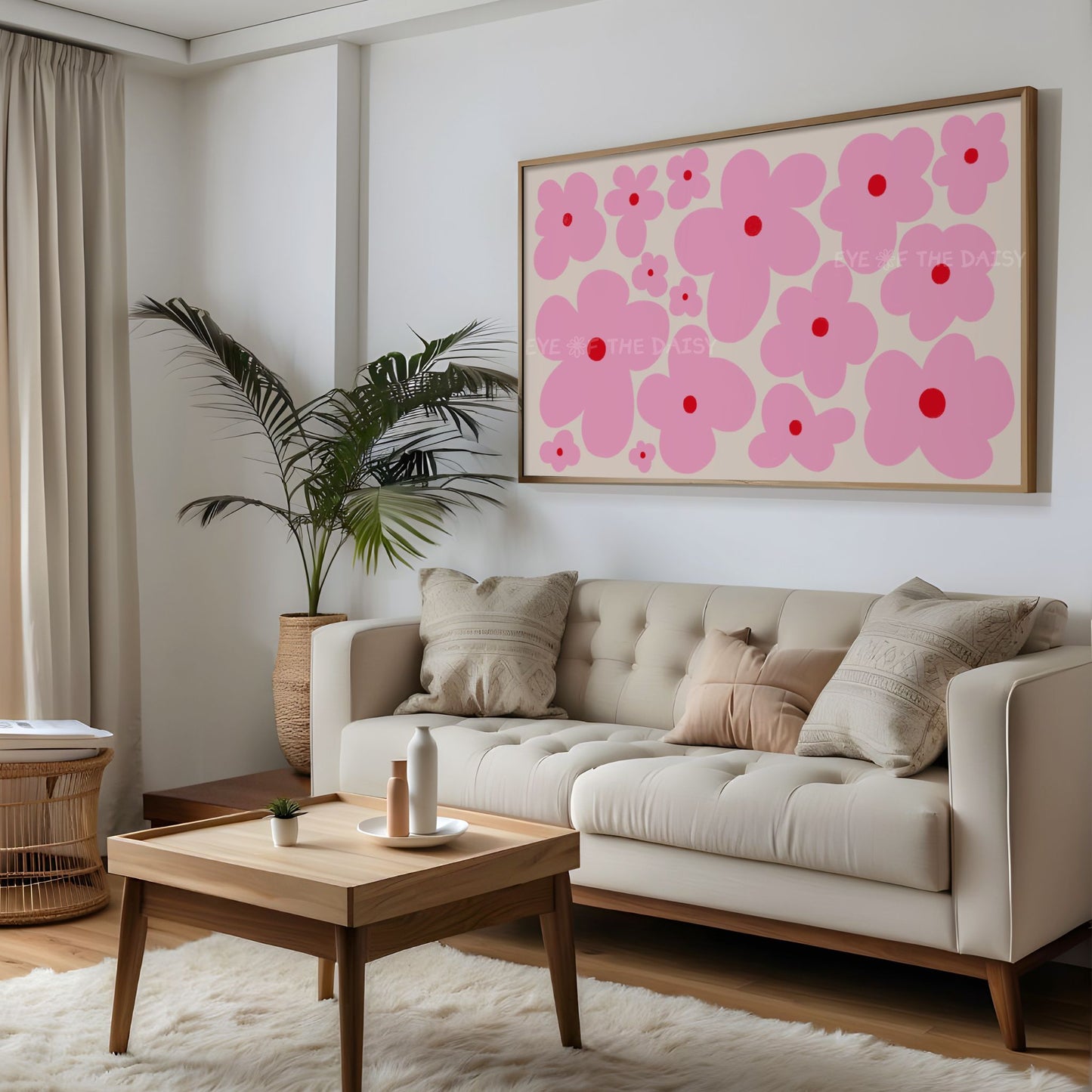 Pink Boho Floral 4K TV Art | Pink Beige Retro Daisy Flowers TV Artwork 4K