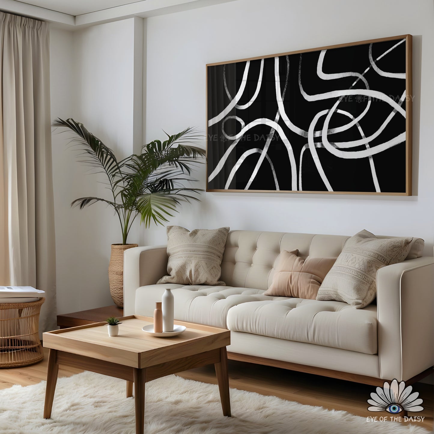 Quirky black and white abstract 4K TV art, wabi sabi scribble line art for 4K TV screen for eclectic home decor