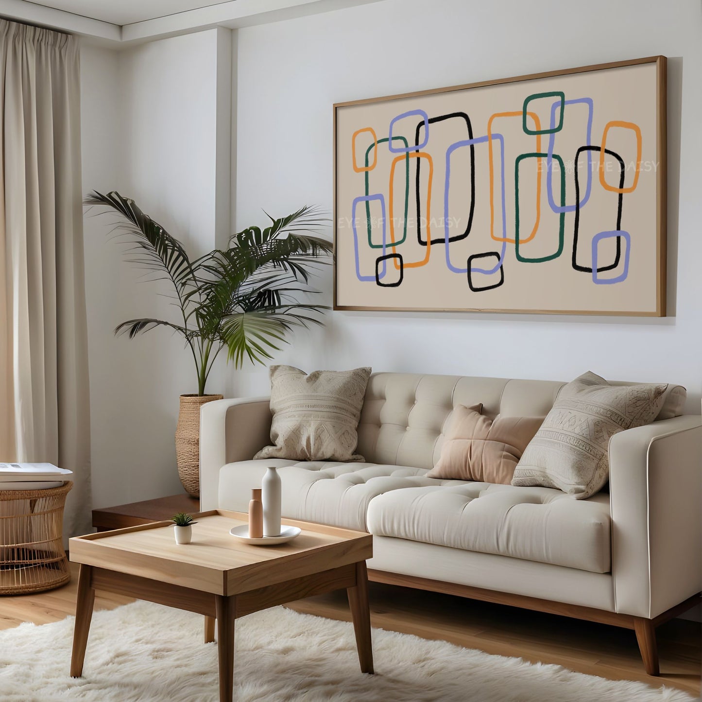 Mid Century Line Abstract 4K TV Art | Beige Mustard Blue Retro Art for TV Screen