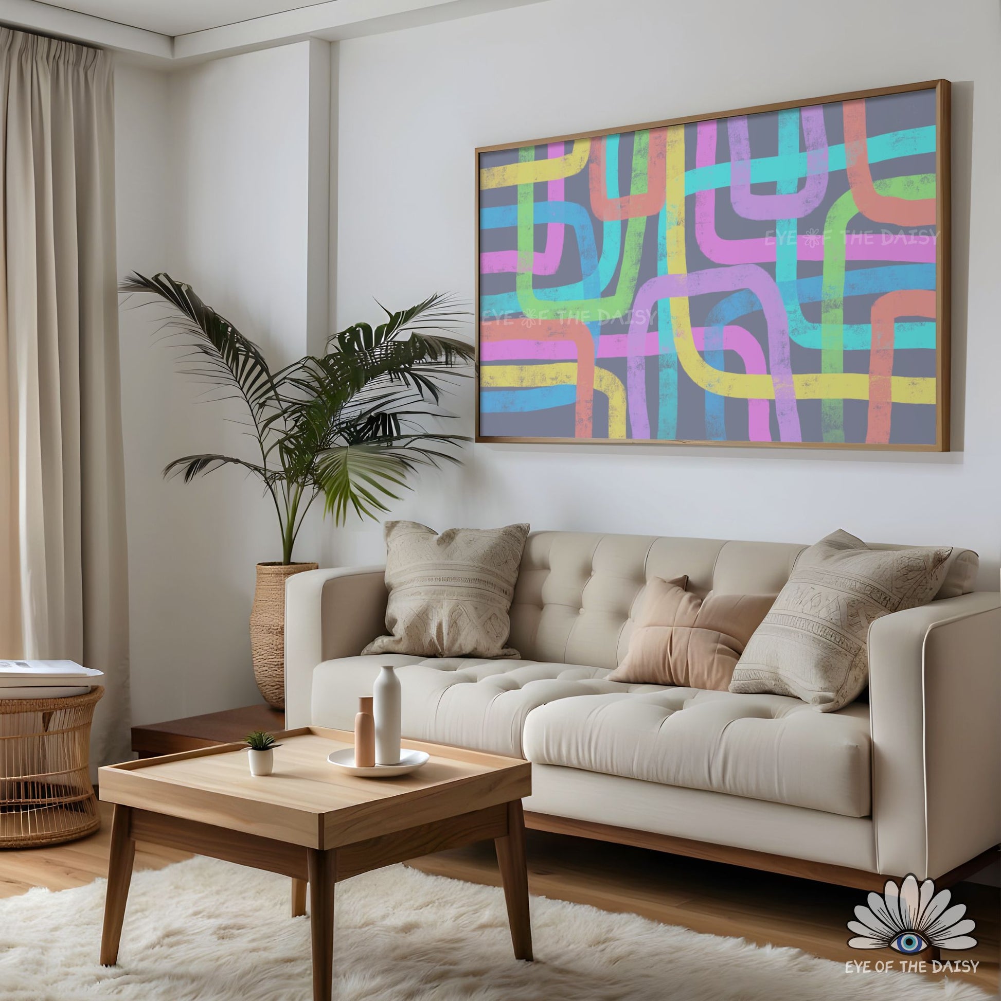 Soft pastel abstract scribble TV art, TV art digital download for maximalist living rooms