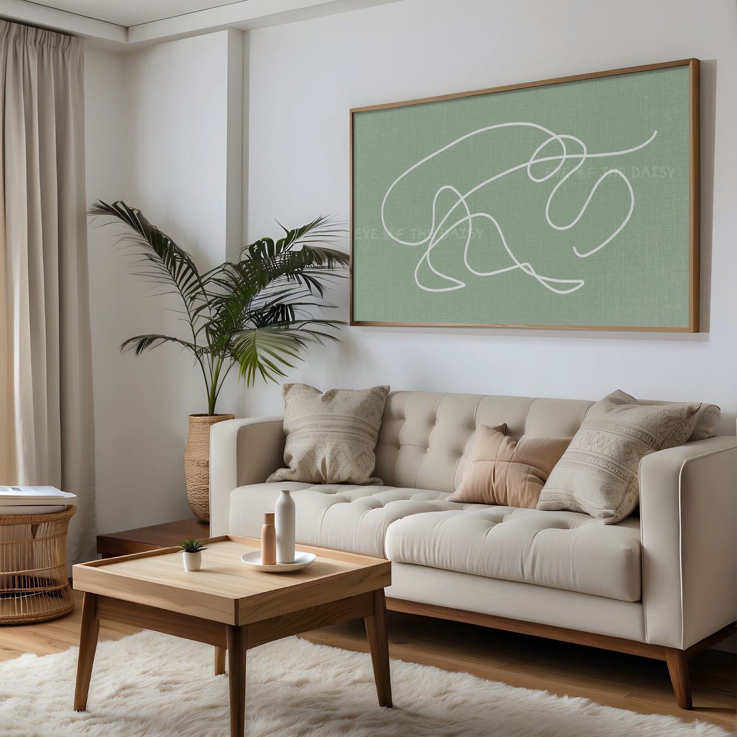 Sage Green White Minimal Scribble 4K TV Art | Boho Abstract Line Art for TV Screen