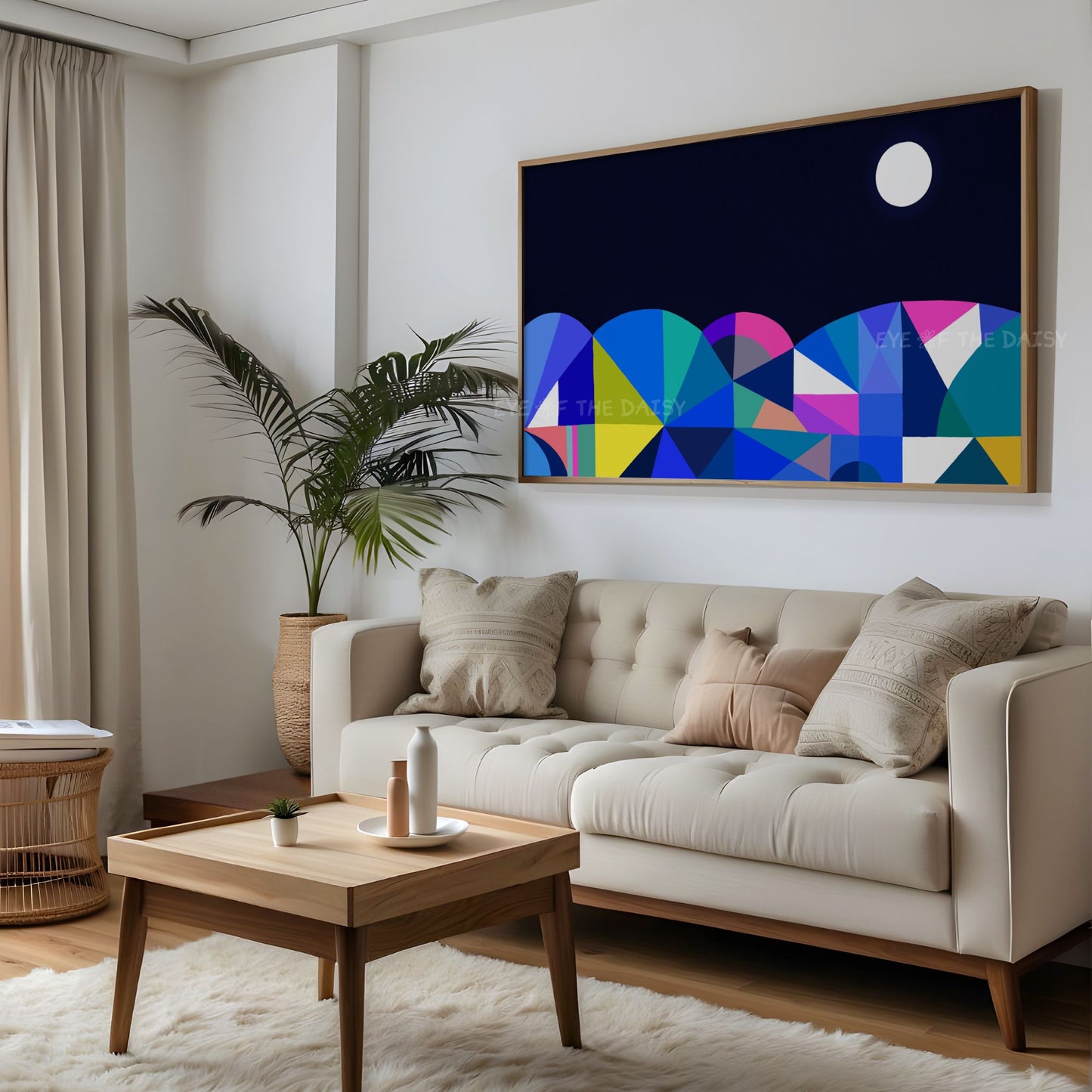 Navy Blue & Colourful Abstract Moonlit Landscape 4K TV Art | Geometric Art for TV Screen