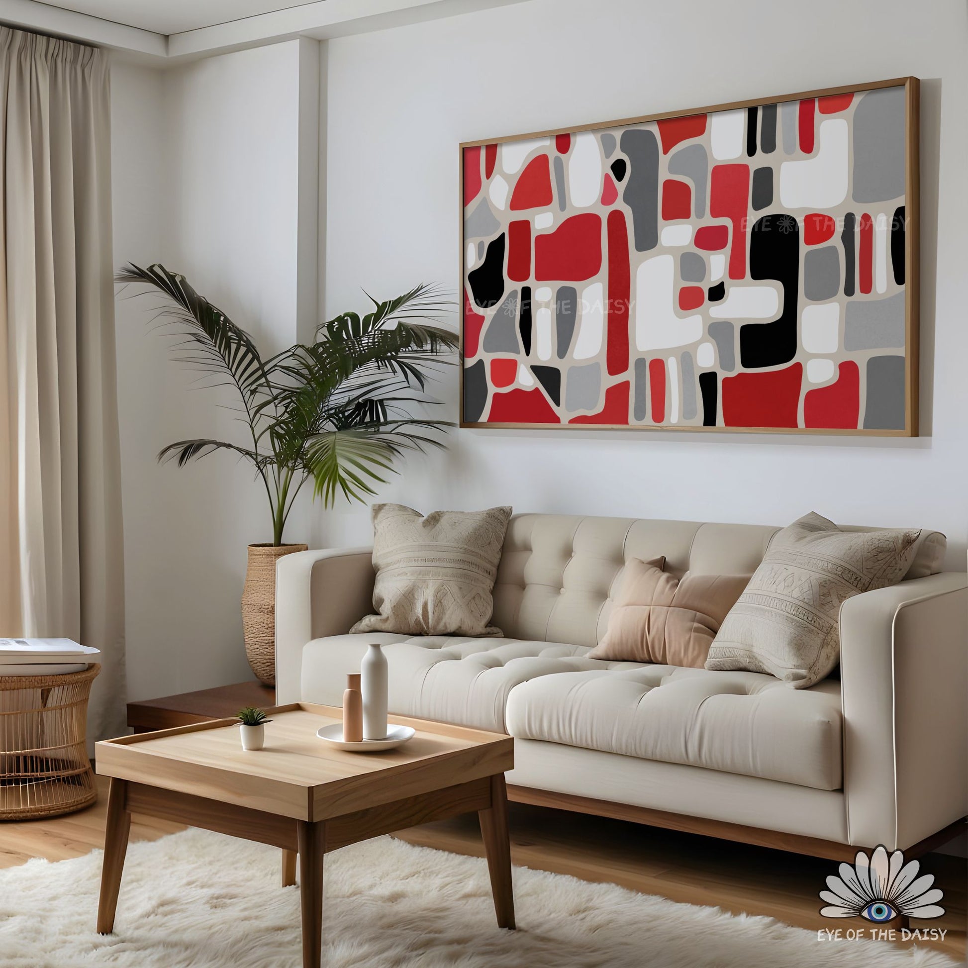 Hand drawn 4K TV art geometric abstract design, red black grey white, stylish screensaver artwork