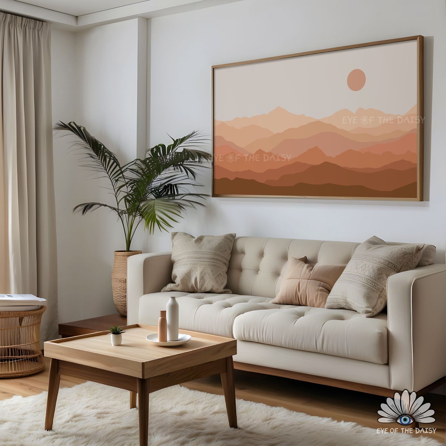 Earth tone mountain landscape Frame TV art in 4K resolution with layered neutral mountains in minimal modern style