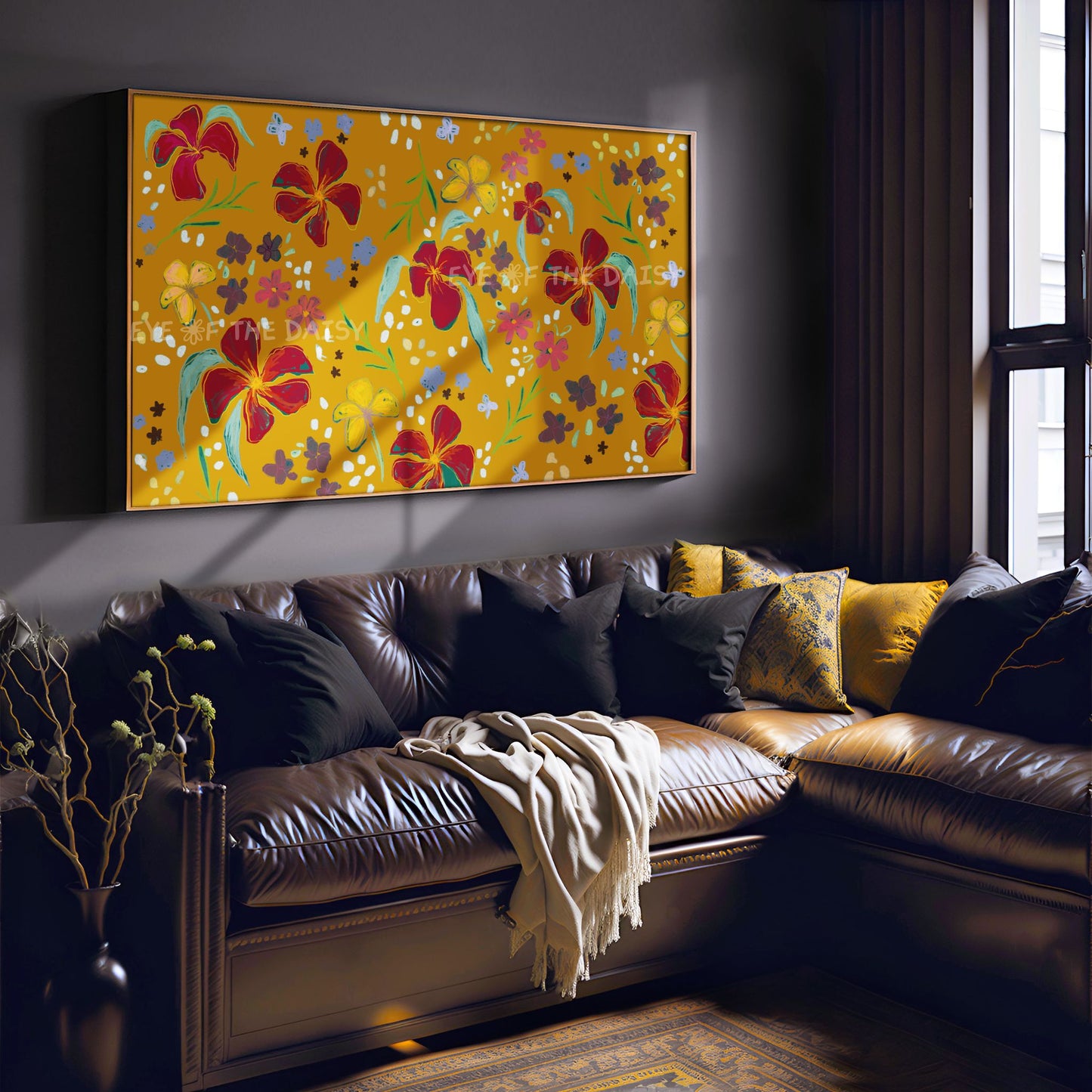 Mustard Yellow Maroon Abstract Floral 4K TV Art | Gold Flower Pattern 4K Art for TV Screen