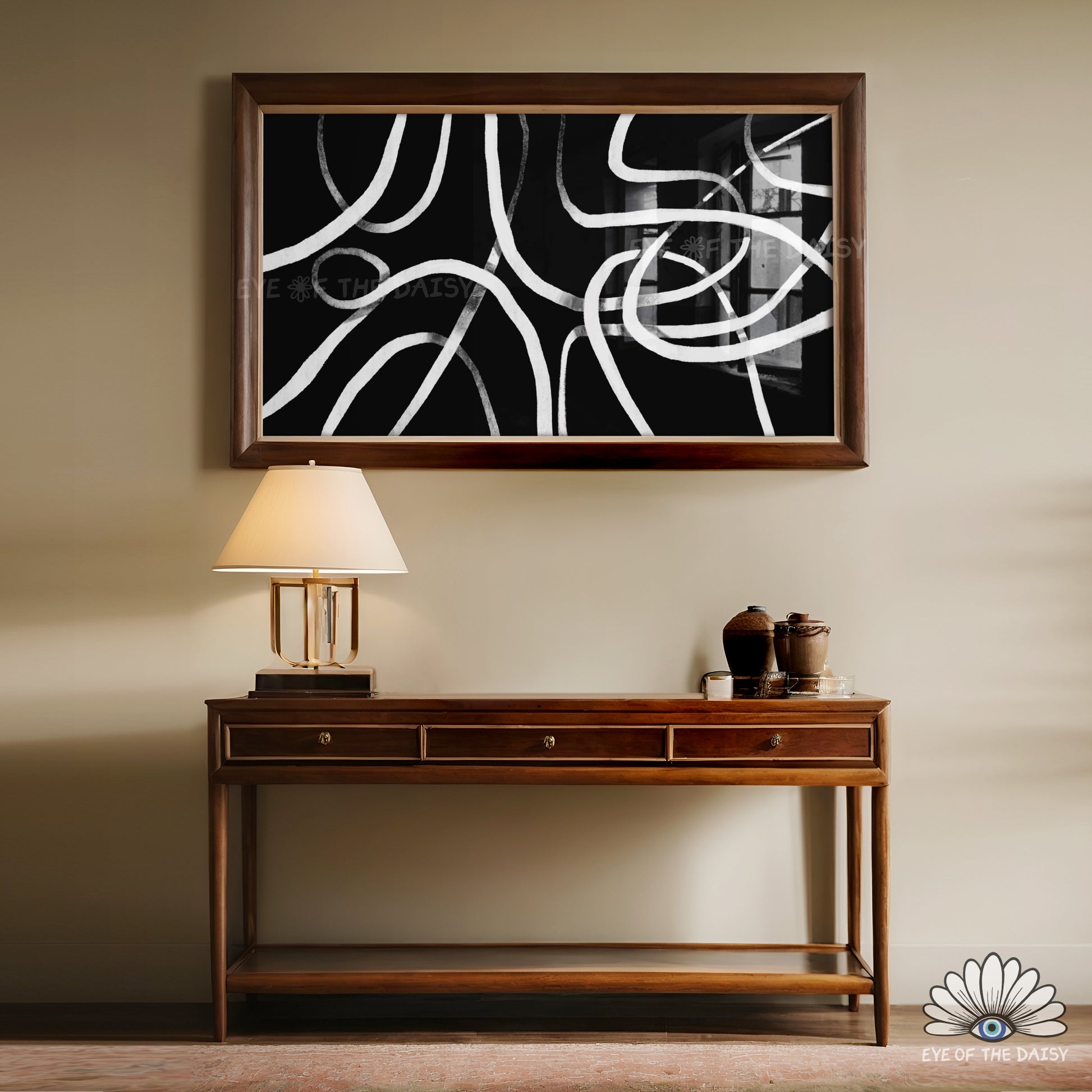 Eclectic black and white abstract 4K TV art, wabi sabi scribble line art for 4K TV screen for contemporary apartment decor