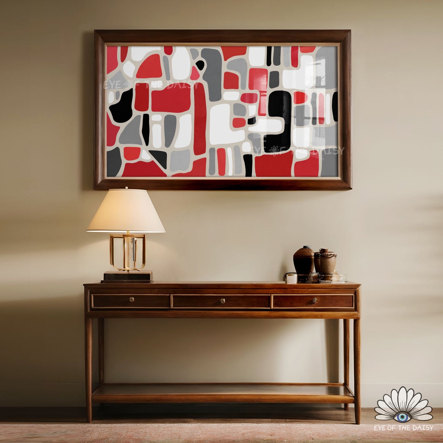 Contemporary geometric TV screen art, 4K digital download, hand drawn red black grey abstract design