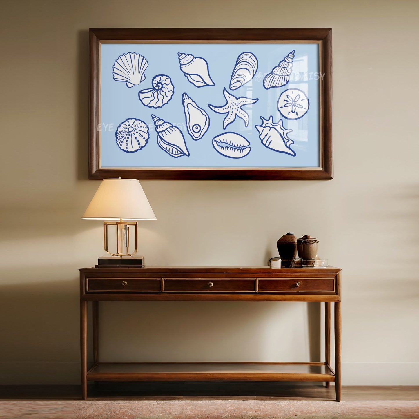 Pale Blue White Shells Sketch 4K TV Art | Modern Coastal Sea Shells TV Artwork 4K