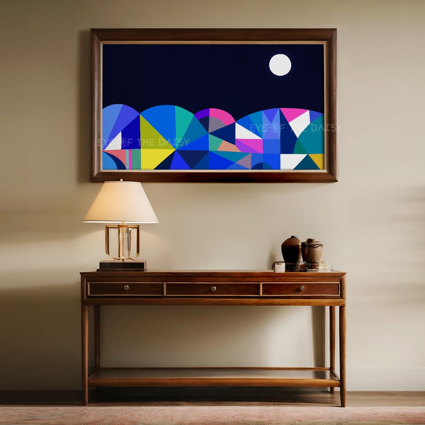 Navy Blue & Colourful Abstract Moonlit Landscape 4K TV Art | Geometric Art for TV Screen
