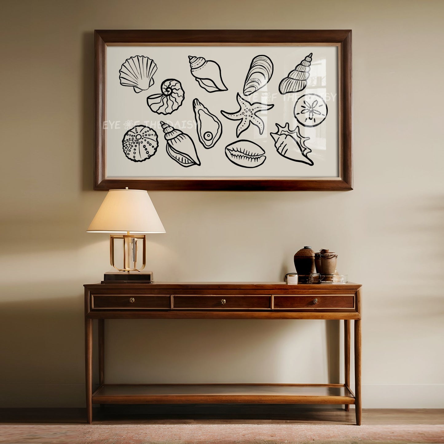 Neutral Black Beige Shells Sketch 4K TV Art | Boho Modern Coastal TV Artwork 4K