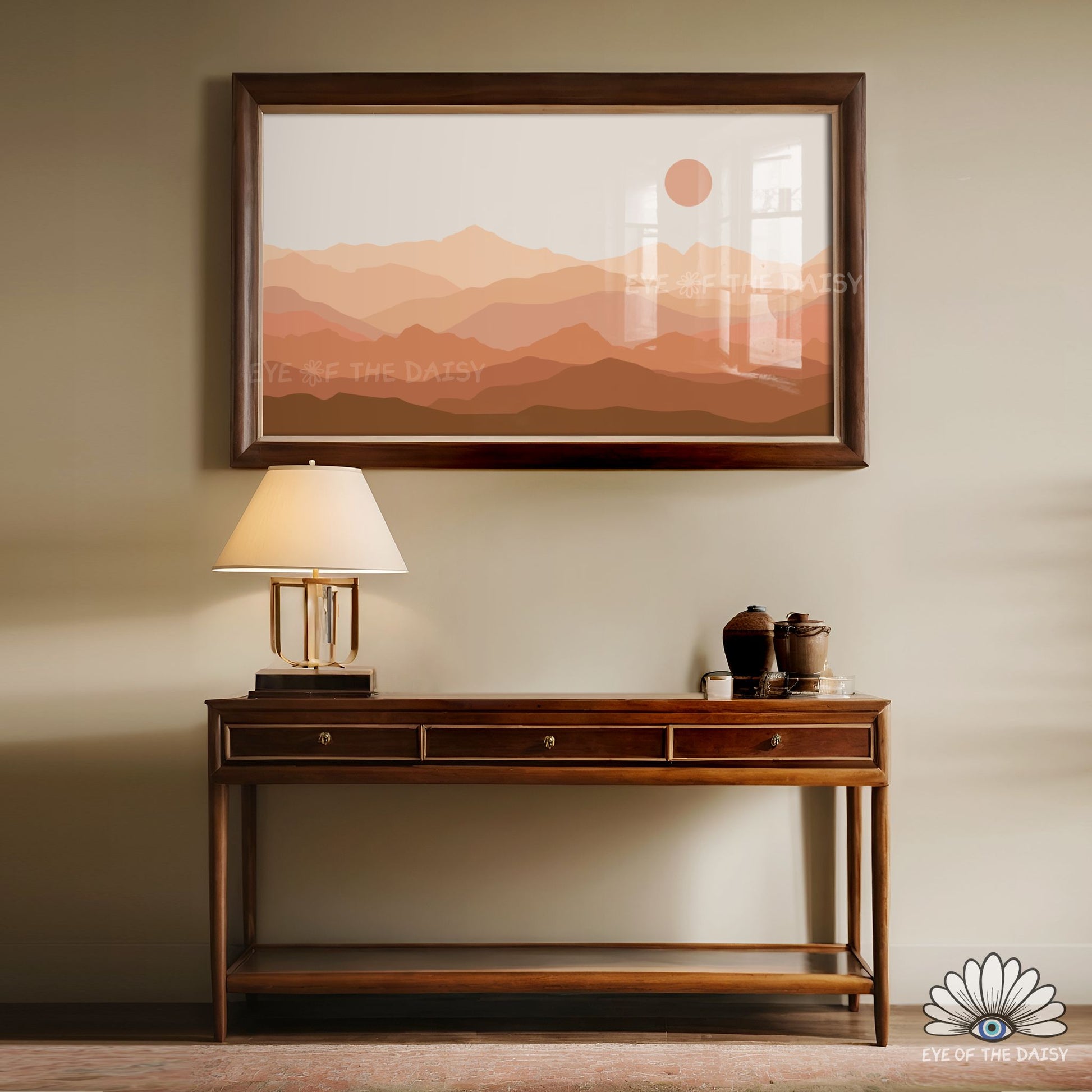 Neutral modern mountain landscape art designed for 4K TV display with soft beige hills and calming natural scenery