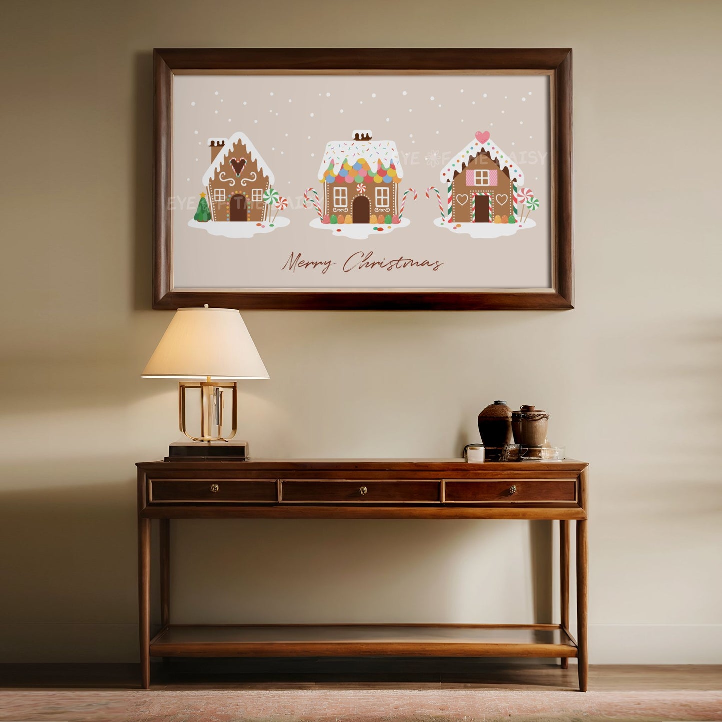 Beige Merry Christmas Phrase 4K TV Art | Neutral Holiday Gingerbread Houses TV Art 4K
