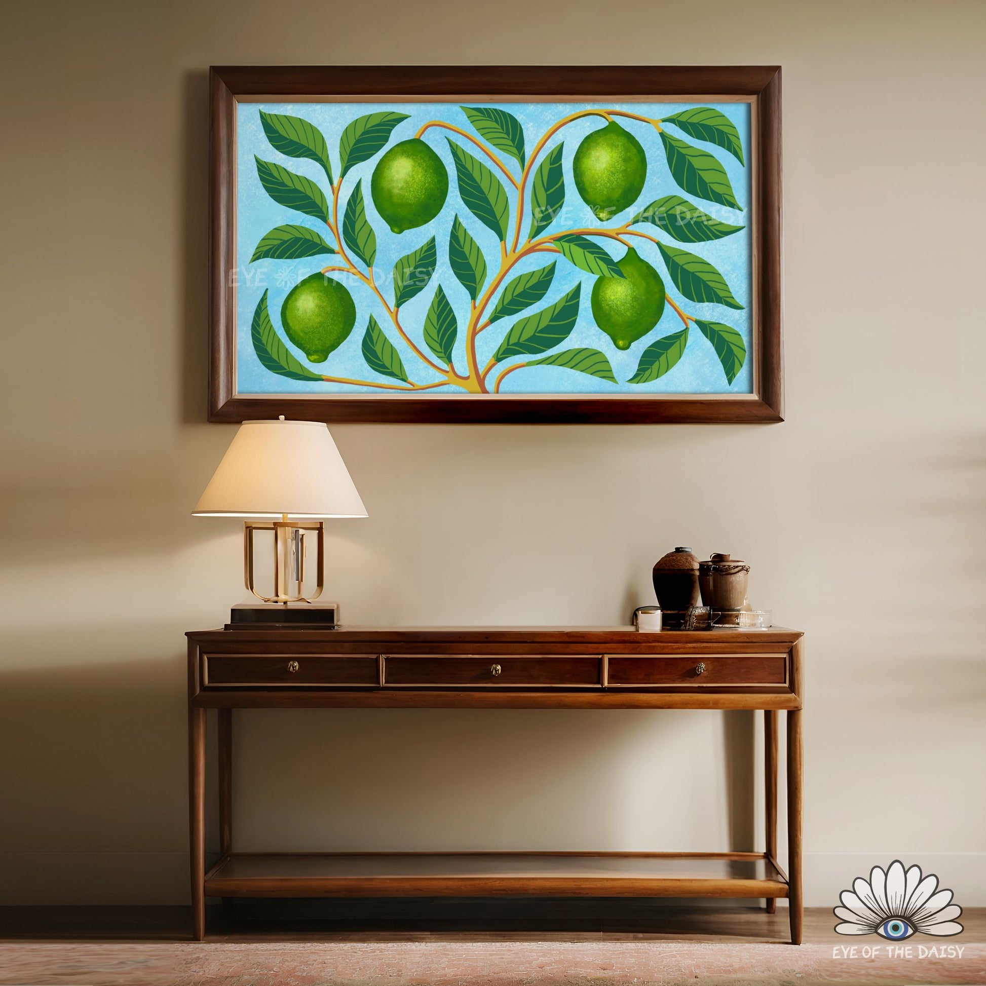 Eclectic boho TV art digital download, hand-drawn lime tree abstract artwork in a creative interior