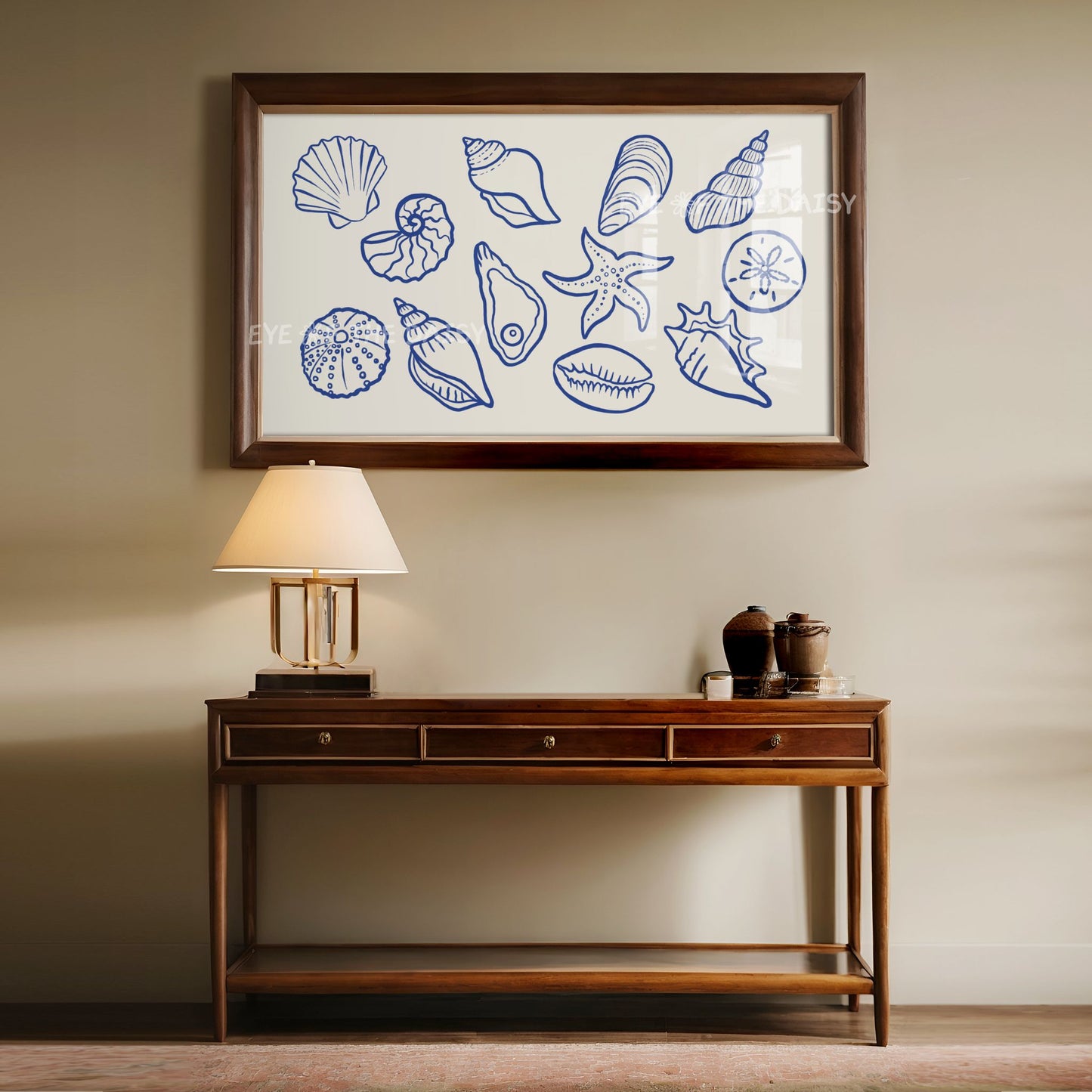 Navy Blue Beige Minimal Shells Sketch 4K TV Art | Modern Hamptons Coastal TV Artwork