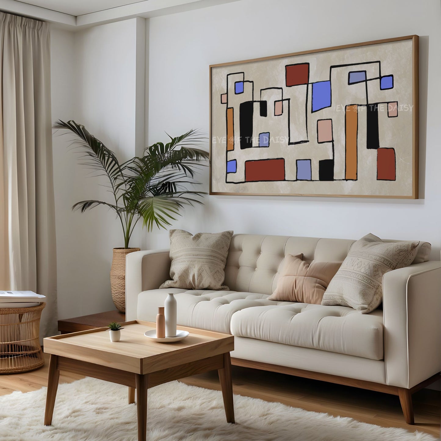 Mid Century Modern Abstract Line Art for TV 4K | Terracotta Beige Blue Boho 4K TV Art