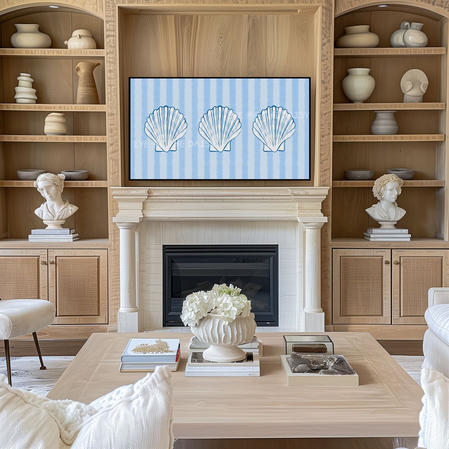 Striped Blue Shells 4K TV Art | Pale Blue Hamptons Coastal 4K Art for TV Screen