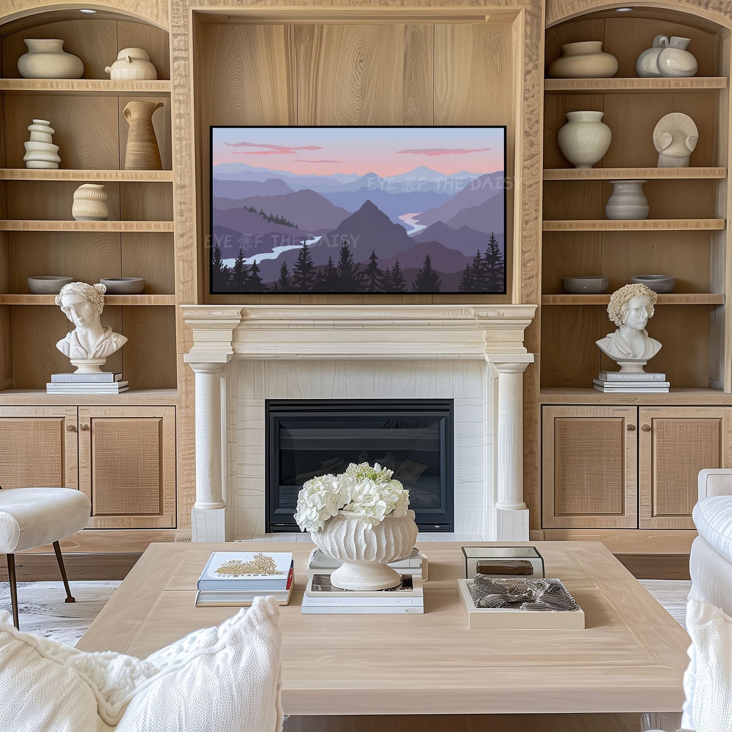 Lilac Blue Peach Purple Grey Tone Landscape 4K TV Art | Abstract Mountain Lake TV Art