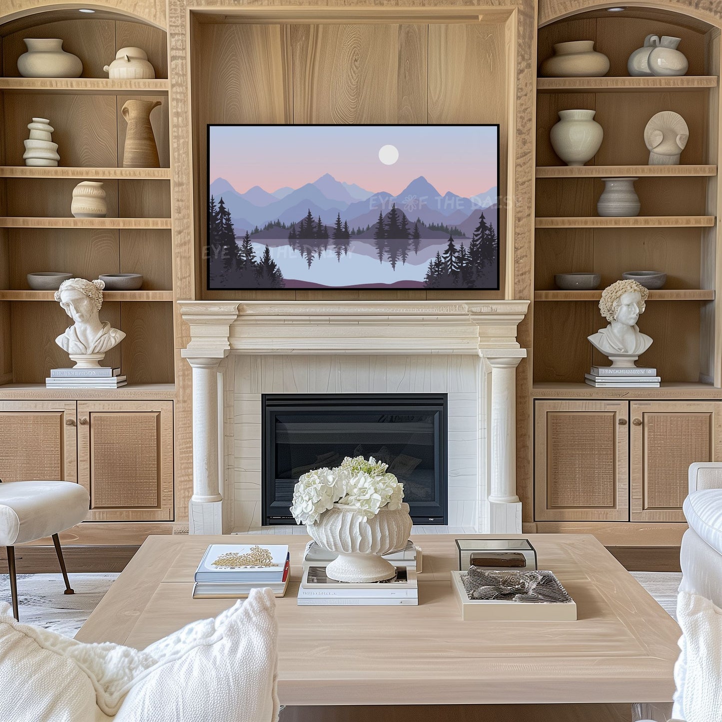 Lilac Blue Peach Landscape TV Art 4K | Mid Century Modern Mountain Lake Trees TV Art