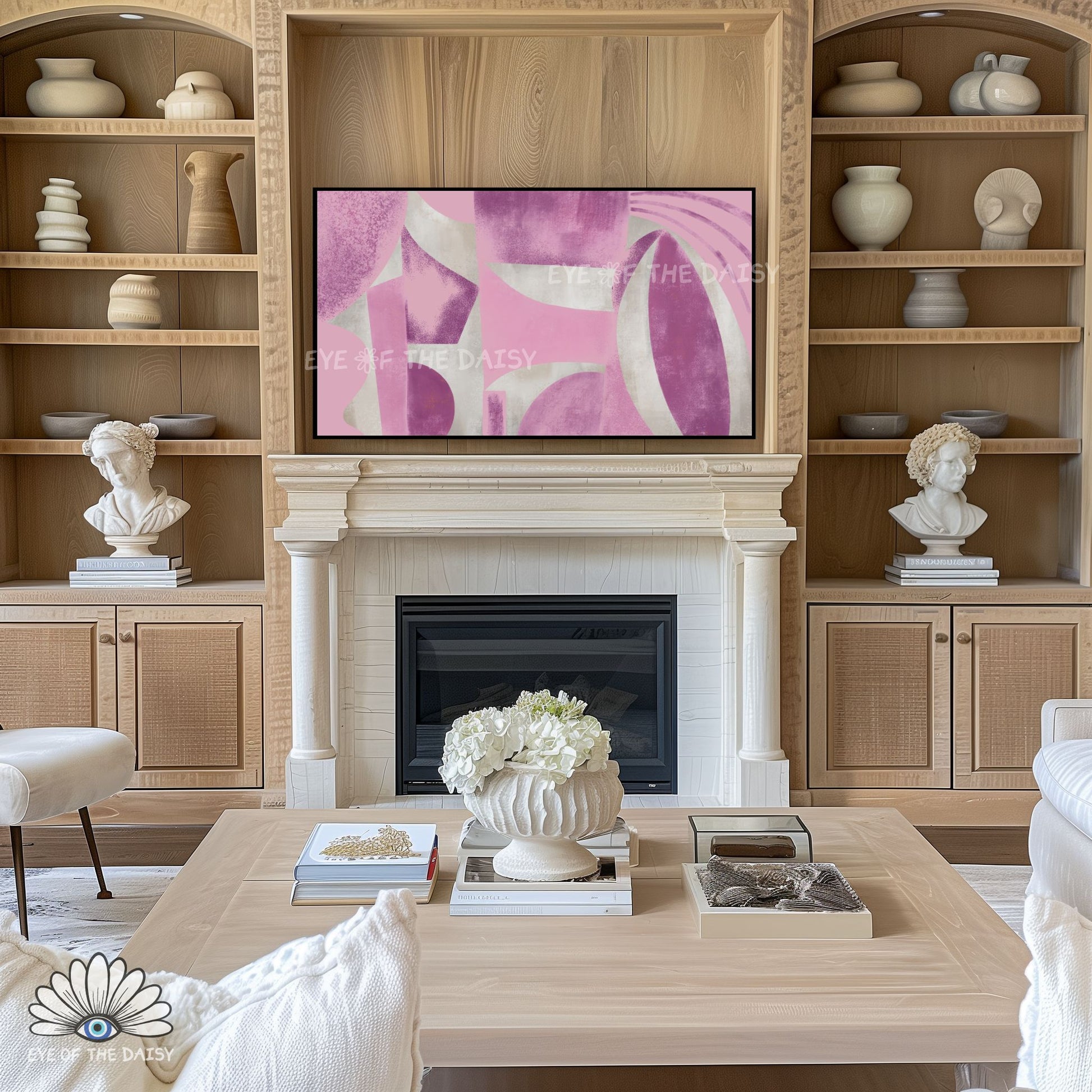 Modern geometric 4K TV art, mid century inspired abstract digital painting for stylish living spaces