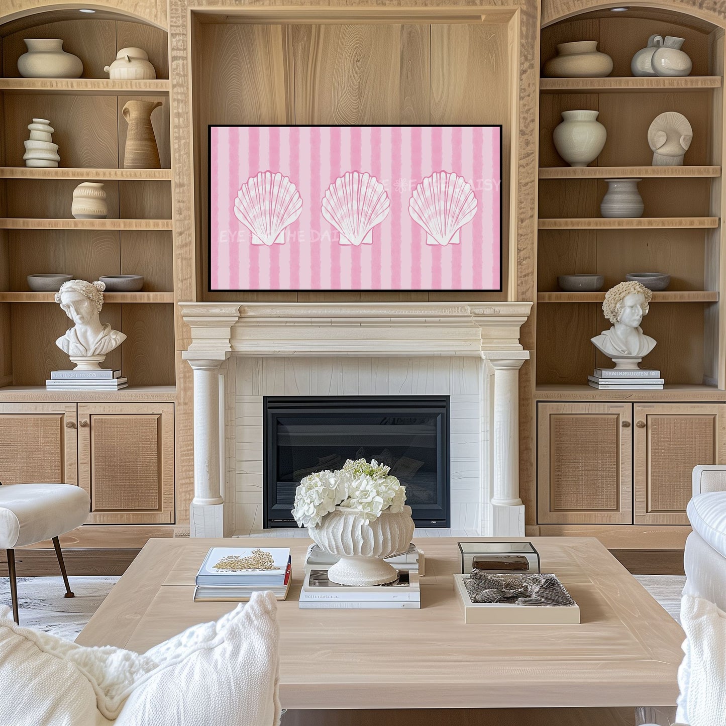 Pink White Shells 4K TV Art | Striped Coastal Sea Shells 4K Art for TV Screen