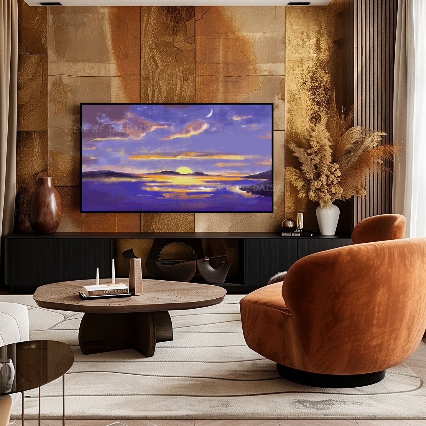 Abstract Moonlit Seascape 4K TV Art | Purple Yellow Coastal Landscape TV Art 4K