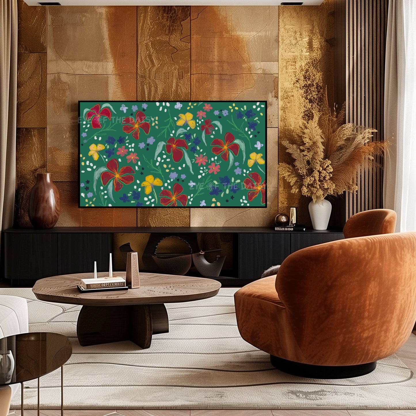 Dark Green Maroon Mustard Abstract Floral 4K TV Art | Flower Pattern Art for TV Screen